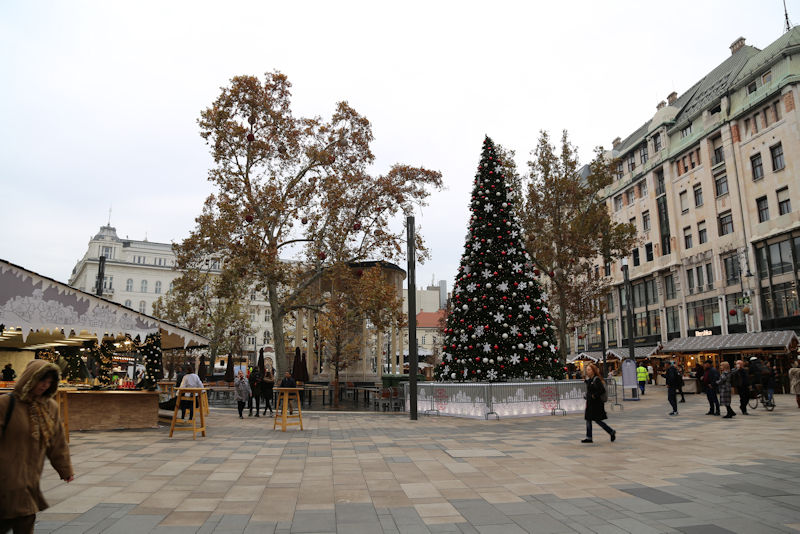 広場にはクリスマスツリーやお店がみえます